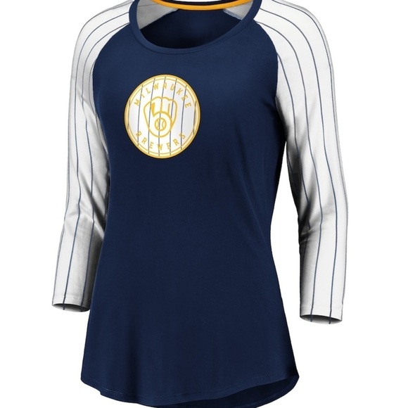 Fanatics Milwaukee Brewers MLB Iconic Pinstripe Raglan 3/4 Sleeve Shirt Sz S NWT - Picture 1 of 16